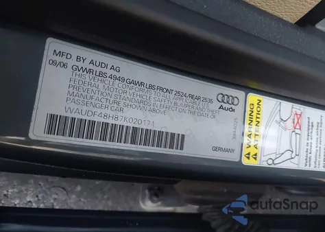 2007 Audi A4 2.0T Cabriolet Quattro z USA, uszkodzony, nr VIN WAUDF48H87K020171